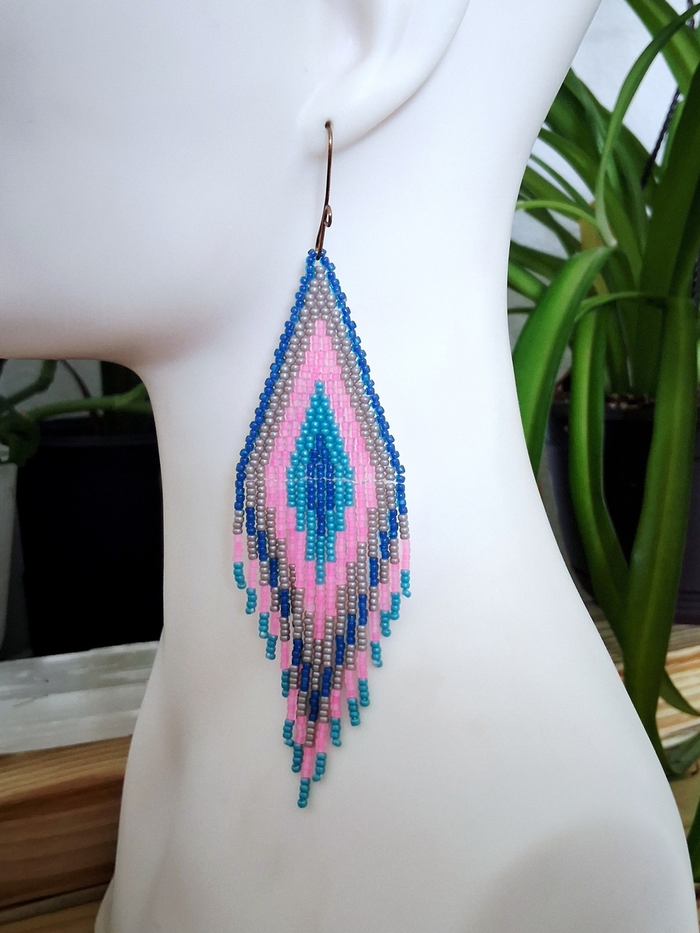 Boho Pink & Blue Seed Bead Fringe Earrings, 5.5" - Picture 8 of 8